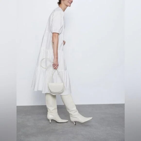Zara Poplin Voluminous Short Sleeve Midi Dress White Size Medium - Picture 3 of 8